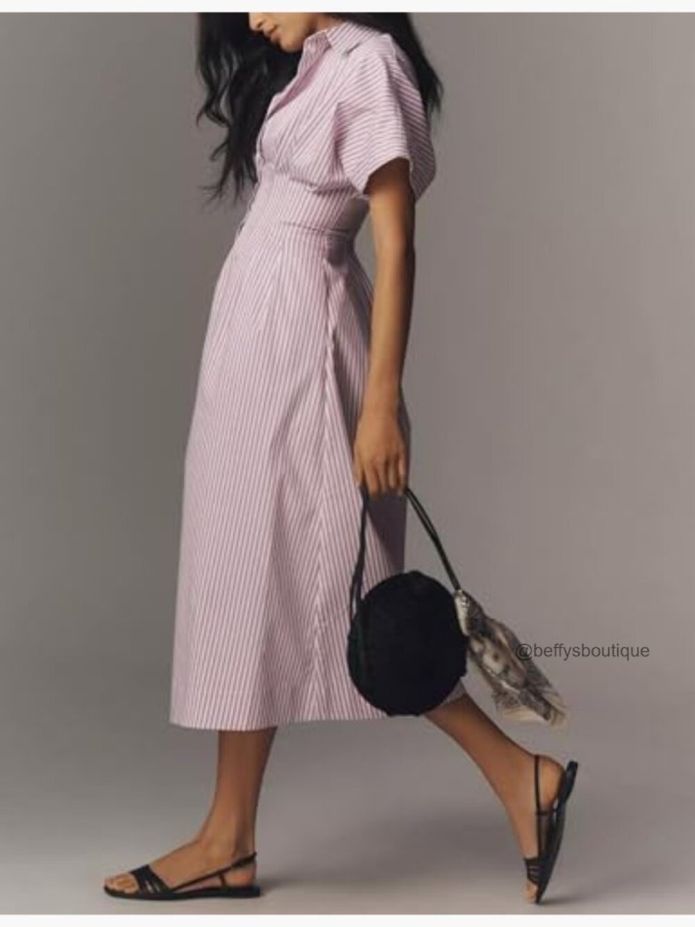 Striped Button Down Pleated Shirt Maxi Dress Summer Lapel V Neck Short Sleeve - Picture 4 of 5